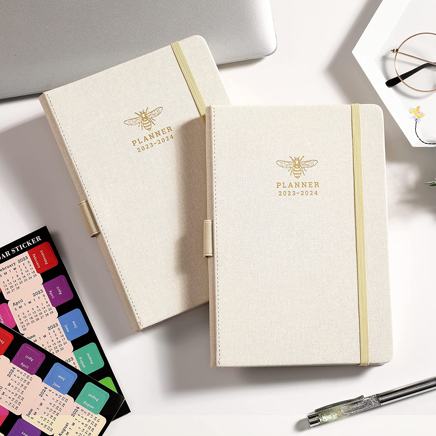 Planner 2023-2024 - Academic Planner 2023-2024 from July 2023 - June 2024, 2023-2024 Weekly Monthly Planner with Calendar Stickers, 5.75" x 8.25", Saffiano Leather, Pen Loop, Back Pocket - Black Bee - Image 2
